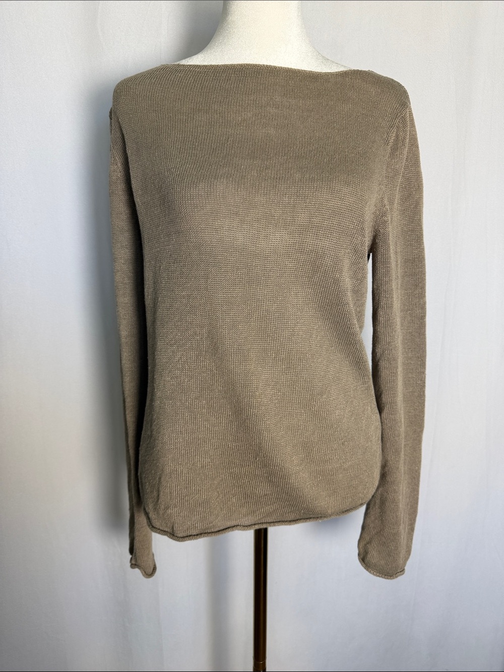 Garnet Hill 100% Linen Taupe Lightweight Knit Boatneck Sweater Size S Rolled Hem